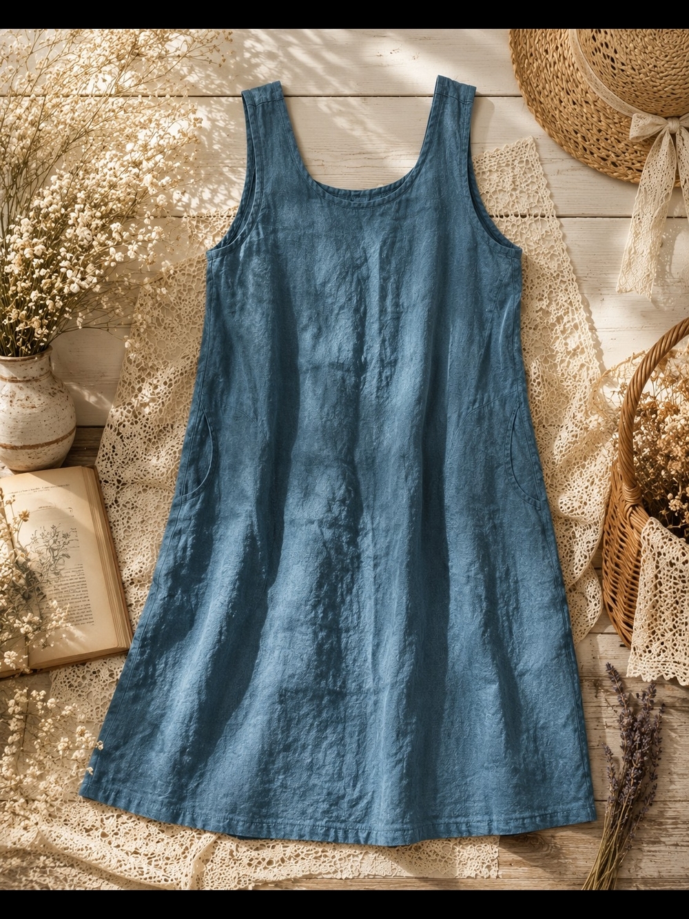 Sabrina Butterfly Linen Blend Teal A-Line Pocket Dress Medium